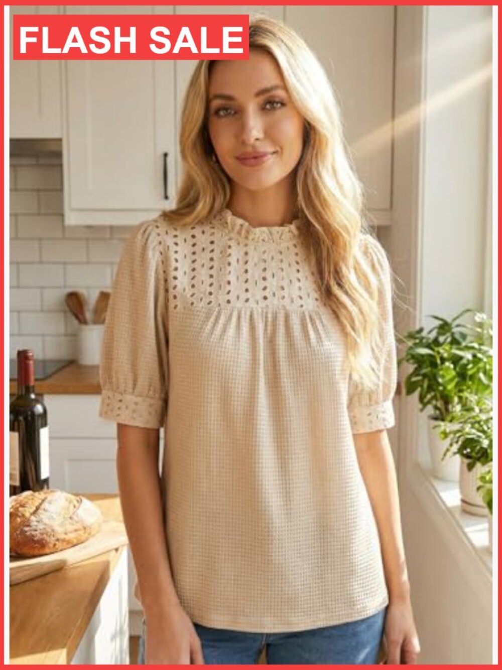 Waffle Knit Mock Neck Puff Sleeve Blouse Women Dressy Casual Tunic Top - Picture 4 of 7